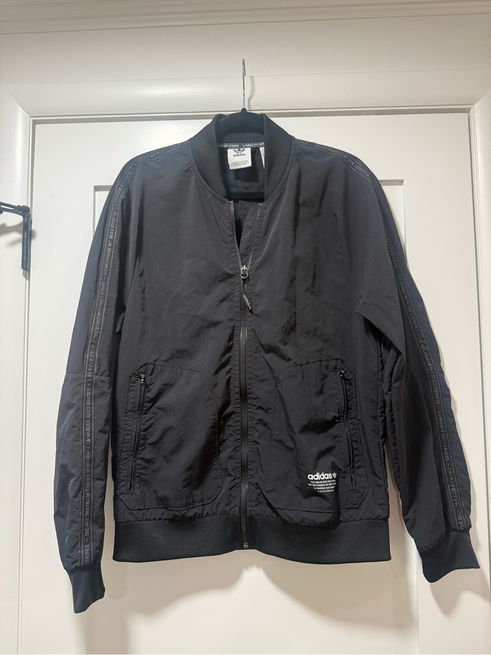 Vintage adidas Black Men's Bomber Jacket with Stripe Detail